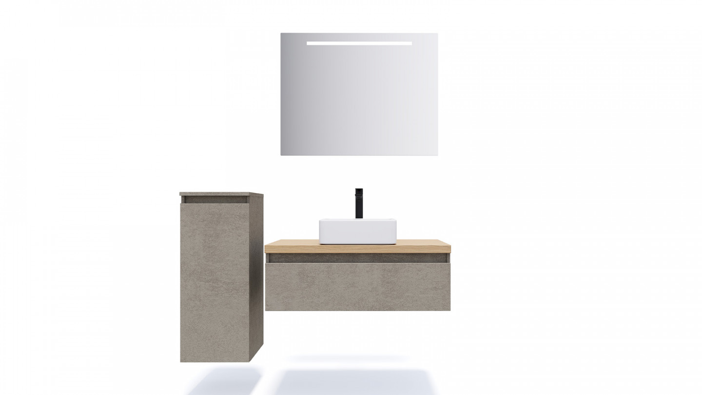 Meuble de salle de bain suspendu vasque à poser 90cm 1 tiroir façon Béton + miroir + colonne ouverture gauche - Rivage