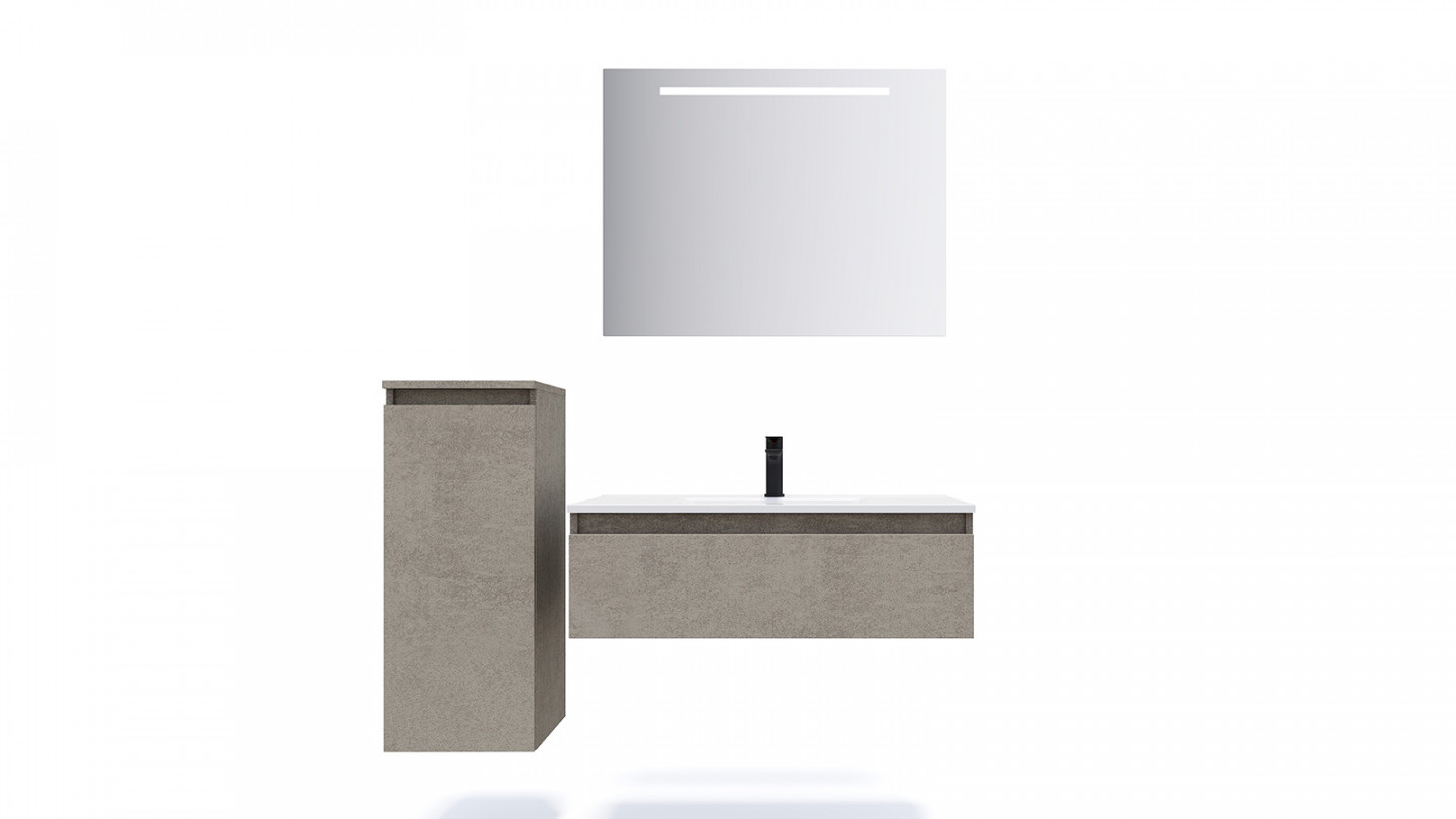 Meuble de salle de bain suspendu vasque intégrée 90cm 1 tiroir façon Béton + miroir + colonne ouverture gauche - Rivage
