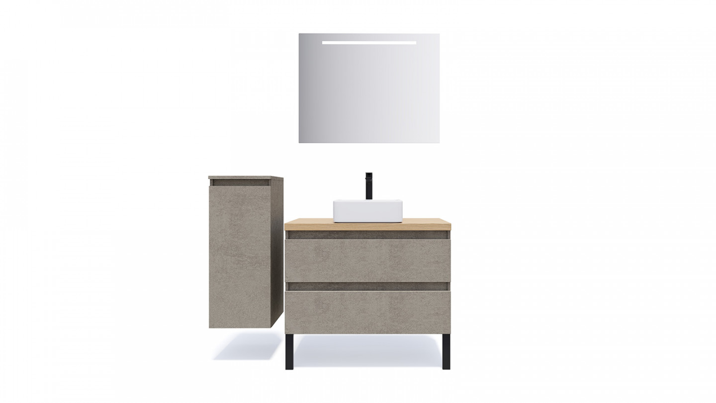 Meuble de salle de bain suspendu vasque à poser 90cm 2 tiroirs façon Béton + miroir + colonne ouverture gauche - Rivage