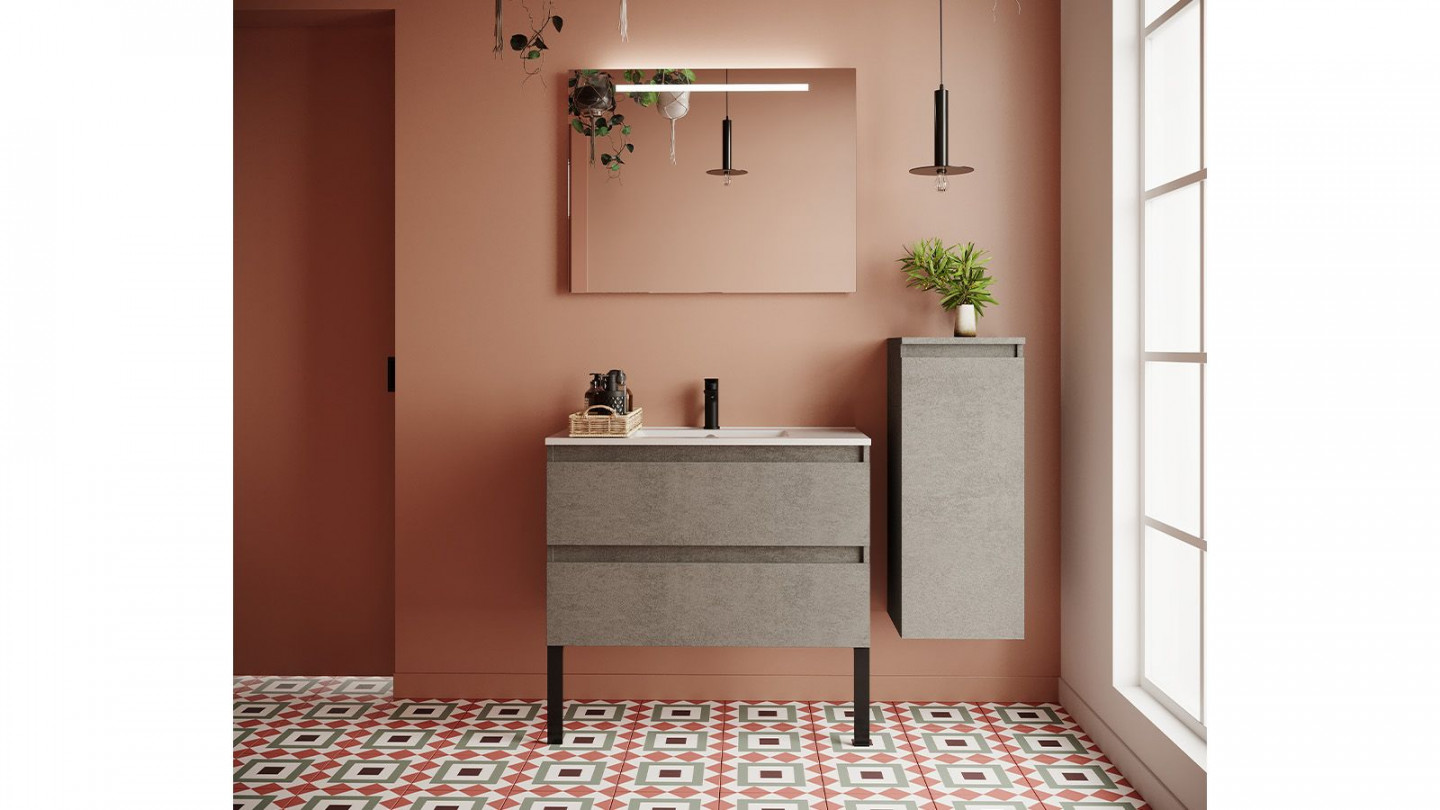Meuble de salle de bain suspendu vasque intégrée 90cm 2 tiroirs façon Béton + miroir + colonne ouverture droite - Rivage