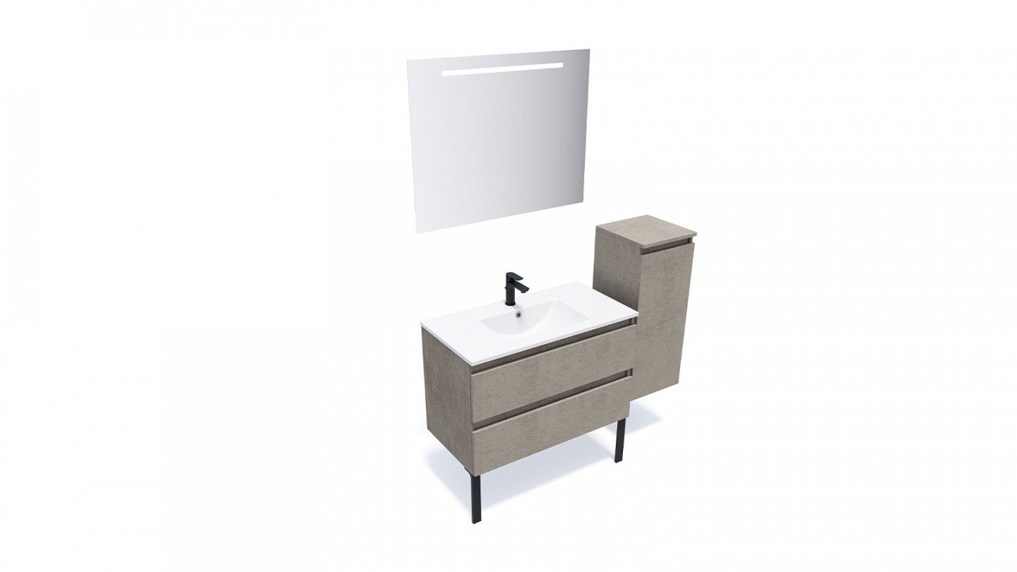 Meuble de salle de bain suspendu vasque intégrée 90cm 2 tiroirs façon Béton + miroir + colonne ouverture droite - Rivage