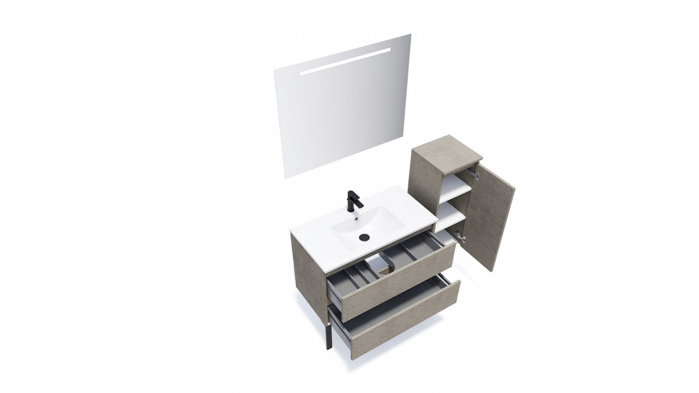 Meuble de salle de bain suspendu vasque intégrée 90cm 2 tiroirs façon Béton + miroir + colonne ouverture droite - Rivage