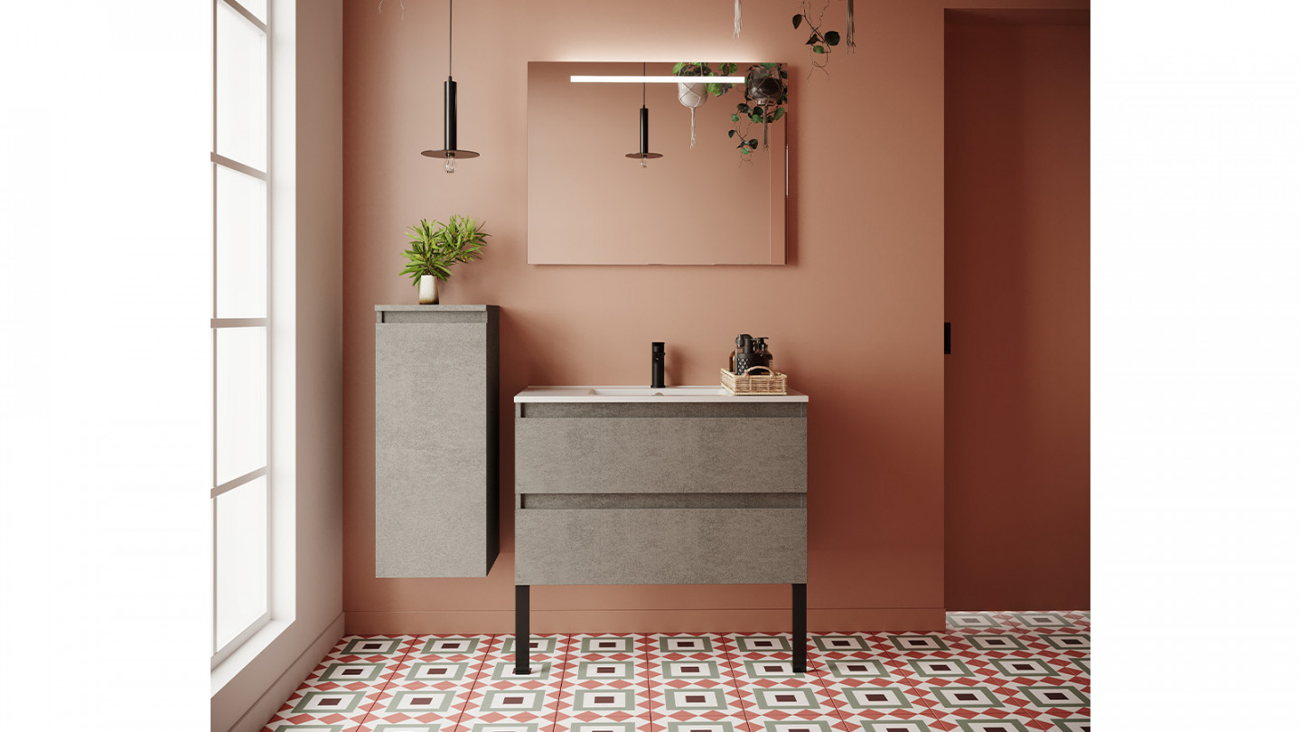 Meuble de salle de bain suspendu vasque intégrée 90cm 2 tiroirs façon Béton + miroir + colonne ouverture gauche - Rivage