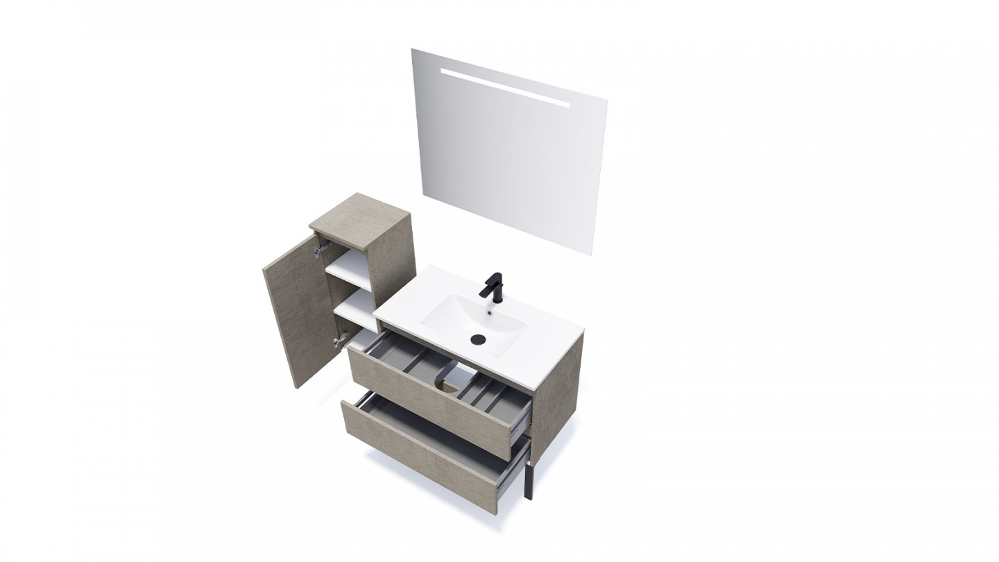 Meuble de salle de bain suspendu vasque intégrée 90cm 2 tiroirs façon Béton + miroir + colonne ouverture gauche - Rivage