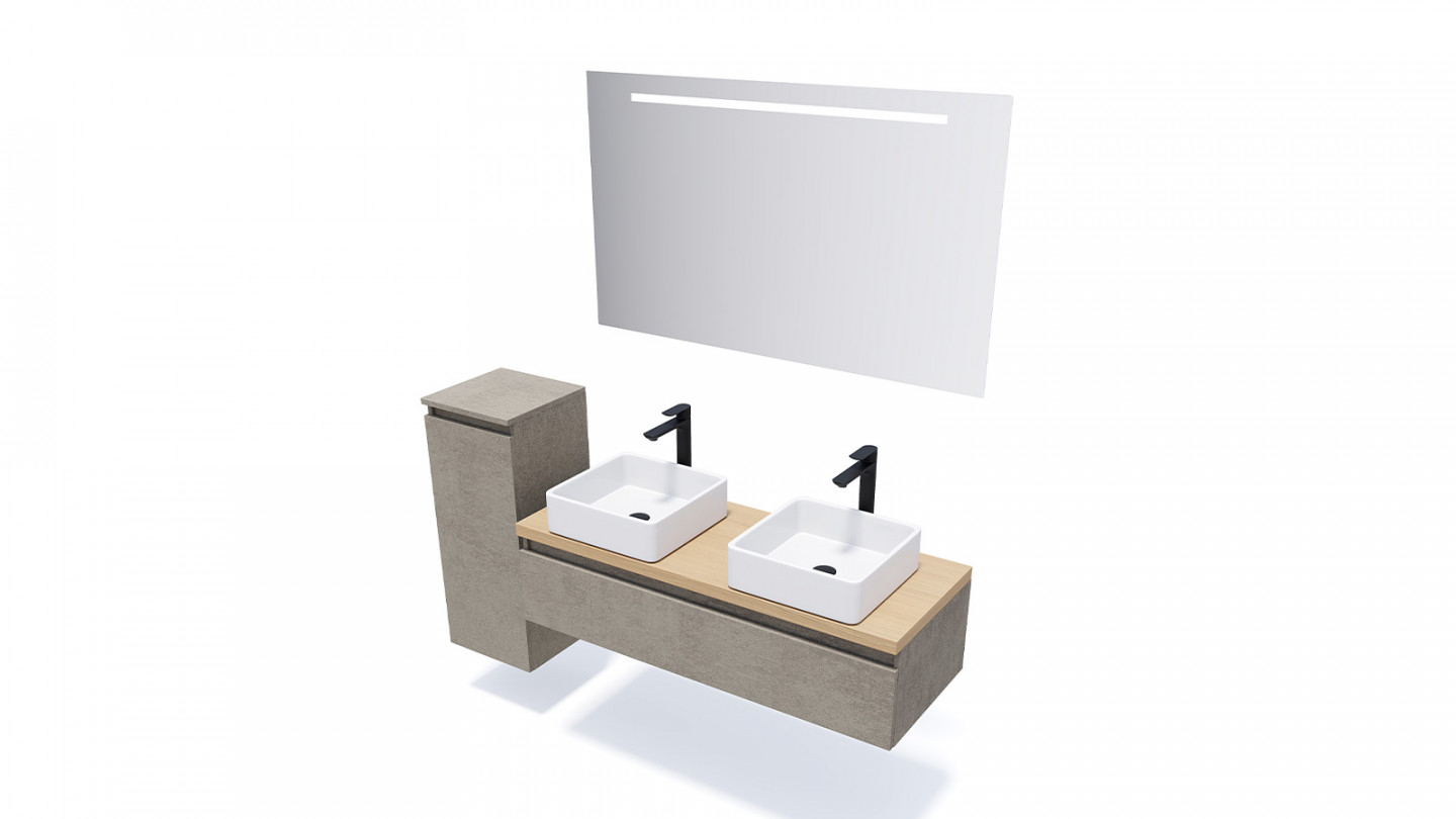 Meuble de salle de bain suspendu 2 vasques à poser 120cm 1 tiroir façon Béton + miroir + colonne ouverture gauche - Rivage