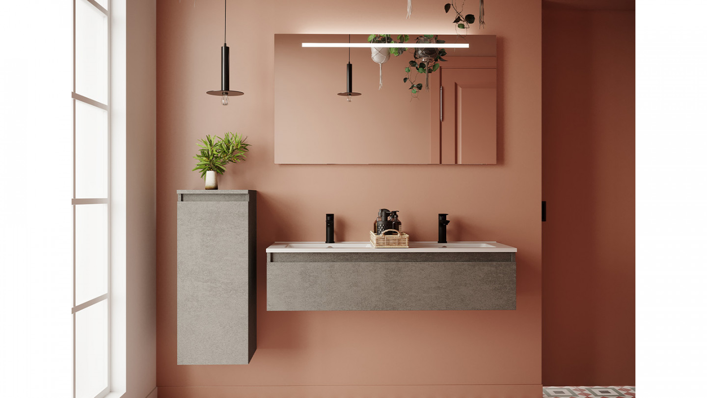 Meuble de salle de bain suspendu double vasque intégrée 120cm 1 tiroir façon Béton + miroir + colonne ouverture gauche - Rivage
