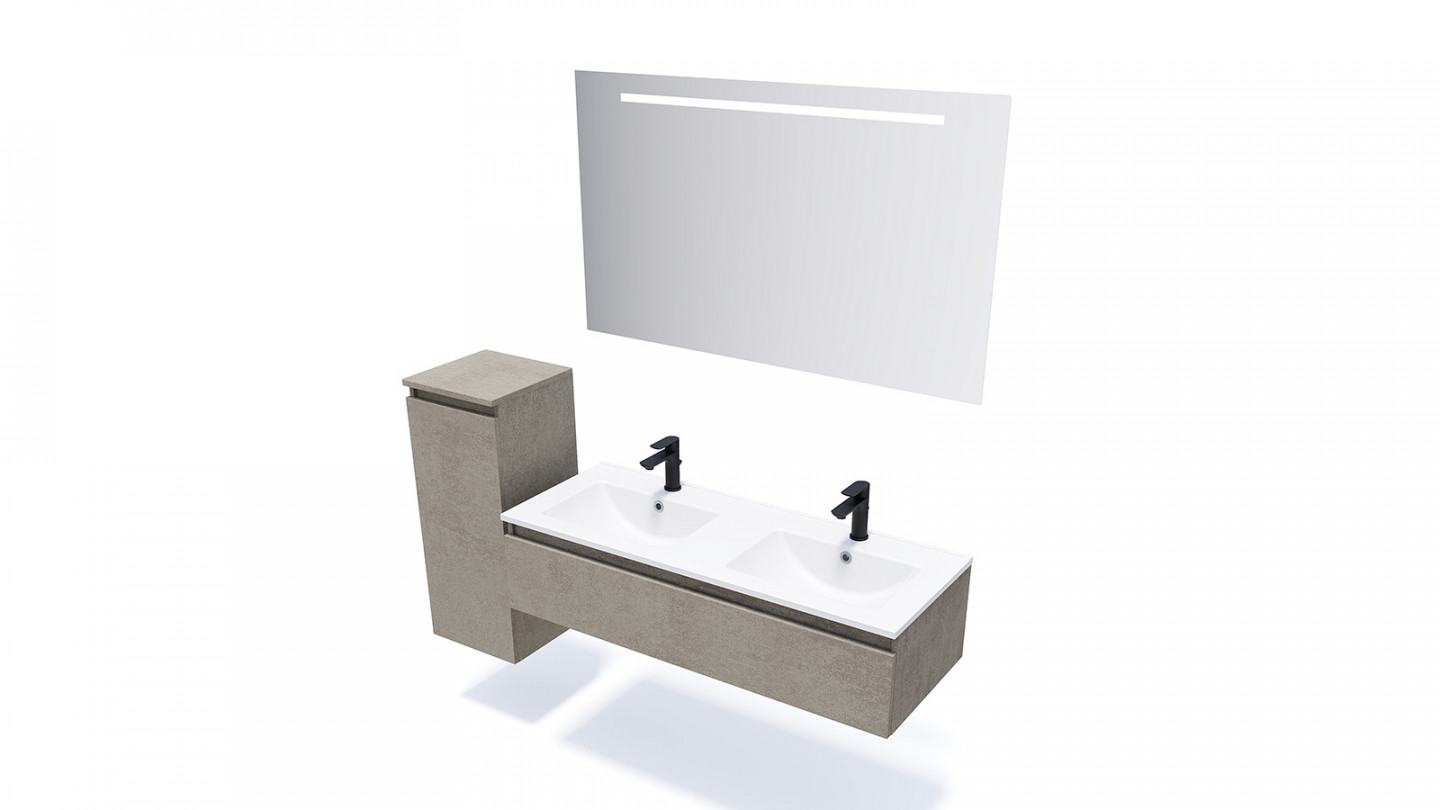 Meuble de salle de bain suspendu double vasque intégrée 120cm 1 tiroir façon Béton + miroir + colonne ouverture gauche - Rivage