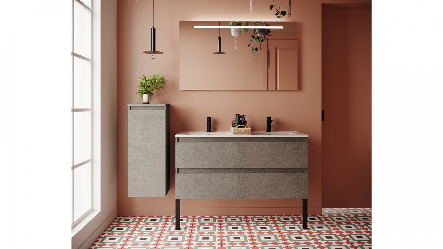Meuble de salle de bain suspendu double vasque intégrée 120cm 2 tiroirs façon Béton + miroir - Rivage