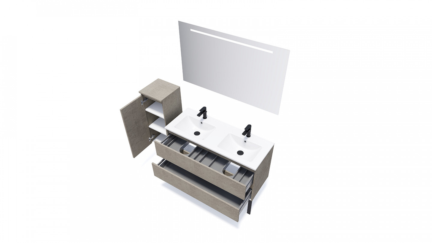 Meuble de salle de bain suspendu double vasque intégrée 120cm 2 tiroirs façon Béton + miroir - Rivage