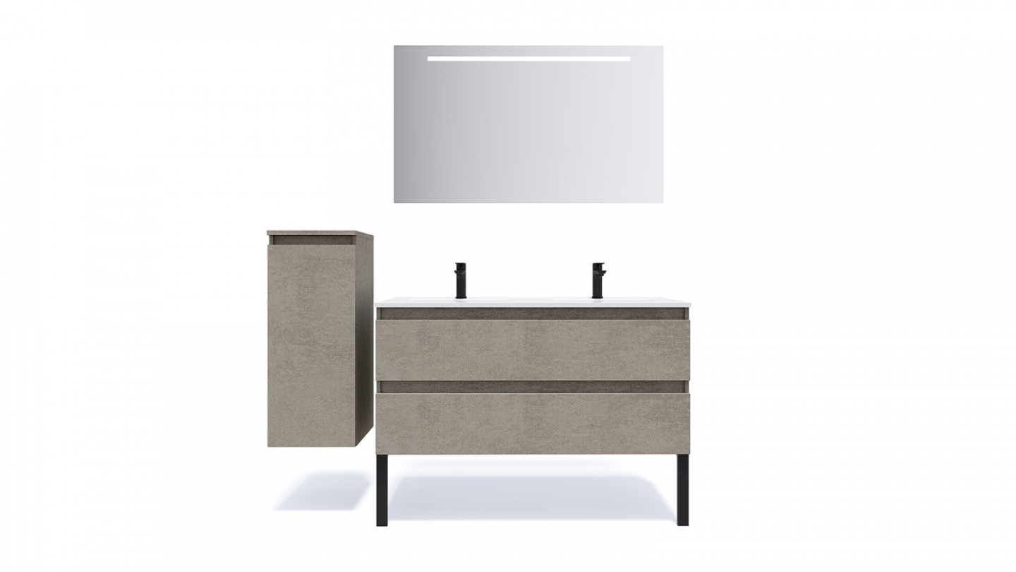 Meuble de salle de bain suspendu double vasque intégrée 120cm 2 tiroirs façon Béton + miroir - Rivage