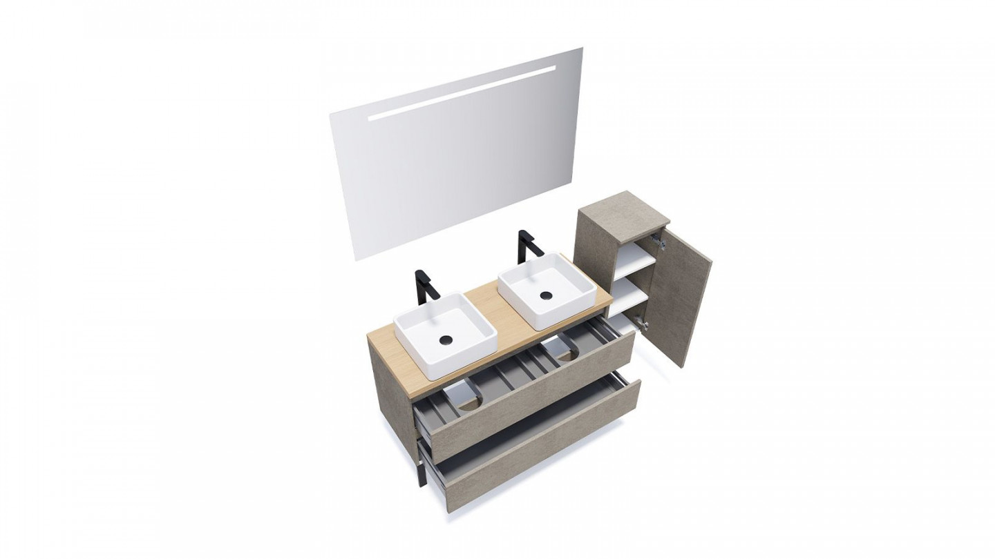 Meuble de salle de bain suspendu 2 vasques à poser 120cm 2 tiroirs façon Béton + miroir + colonne ouverture droite - Rivage
