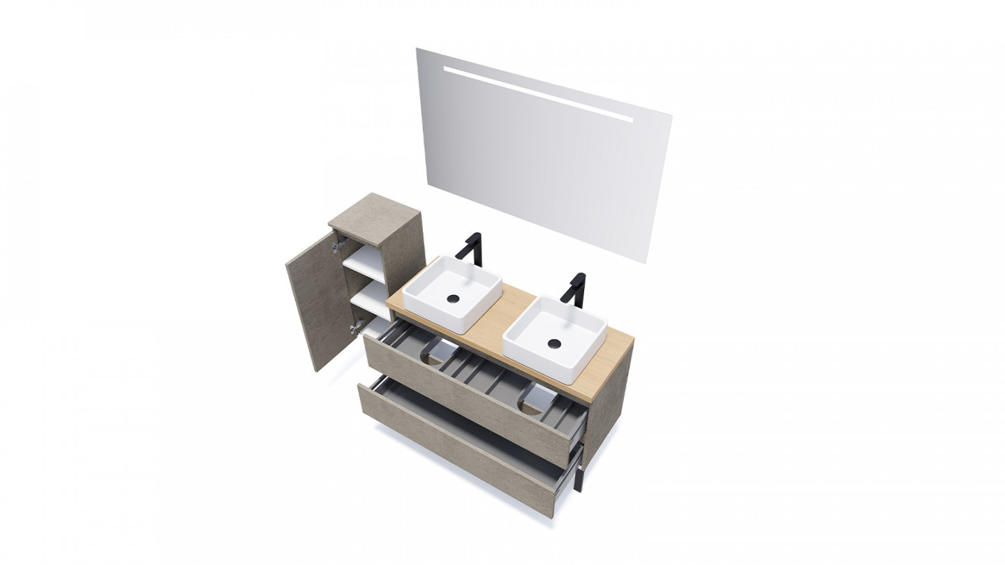 Meuble de salle de bain suspendu 2 vasques à poser 120cm 2 tiroirs façon Béton + miroir + colonne ouverture gauche - Rivage