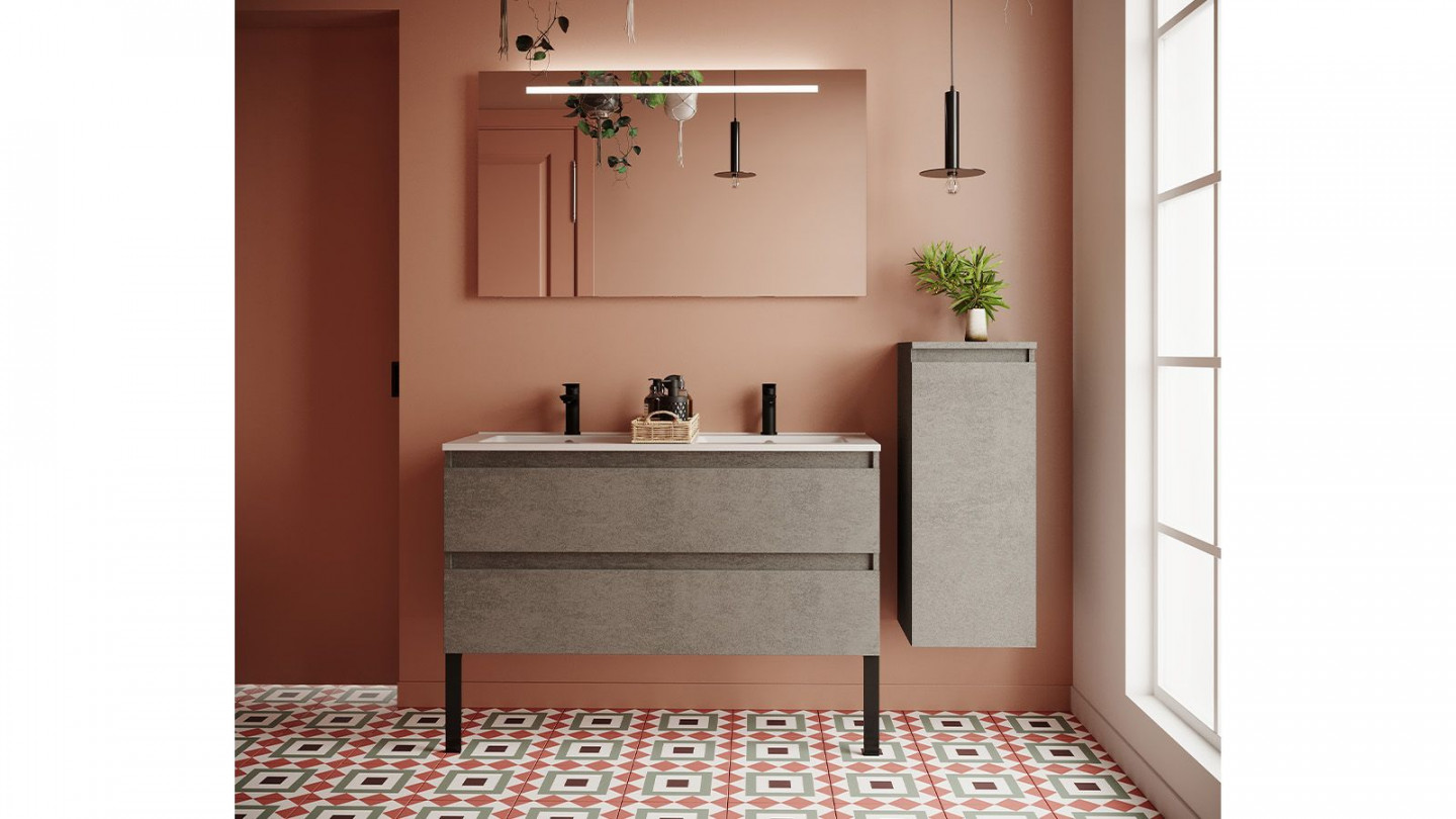 Meuble de salle de bain suspendu double vasque intégrée 120cm 2 tiroirs façon Béton + miroir + colonne ouverture droite - Rivage