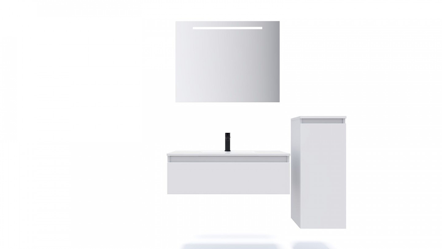 Meuble de salle de bain suspendu vasque intégrée 90cm 1 tiroir Blanc + miroir + colonne ouverture droite - Rivage