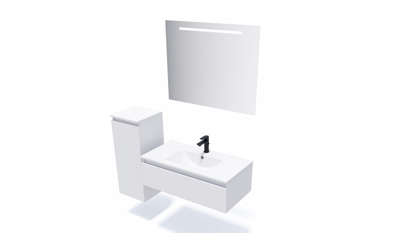 Meuble de salle de bain suspendu vasque intégrée 90cm 1 tiroir Blanc + miroir + colonne ouverture gauche - Rivage