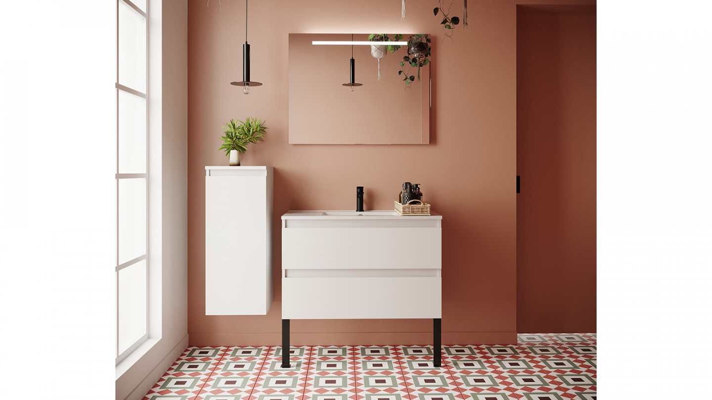 Meuble de salle de bain suspendu vasque intégrée 90cm 2 tiroirs Blanc + miroir + colonne ouverture gauche - Rivage