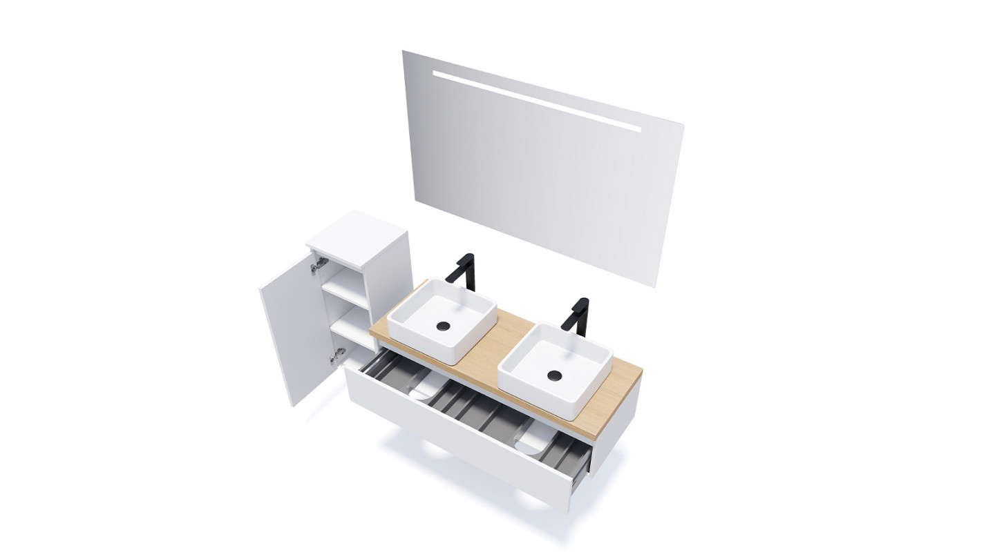 Meuble de salle de bain suspendu 2 vasques à poser 120cm 1 tiroir Blanc - Rivage