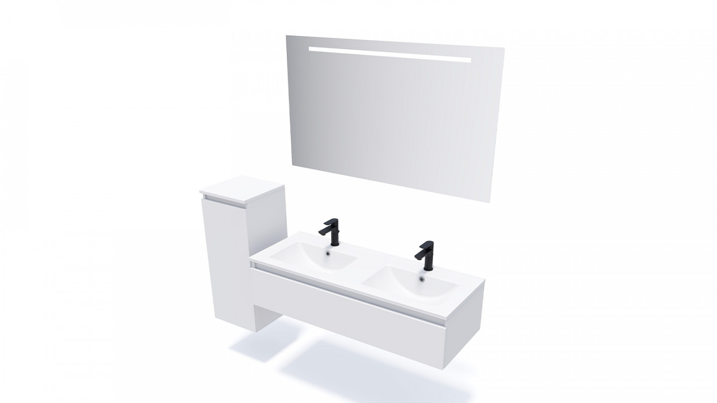 Meuble de salle de bain suspendu double vasque intégrée 120cm 1 tiroir Blanc + miroir - Rivage