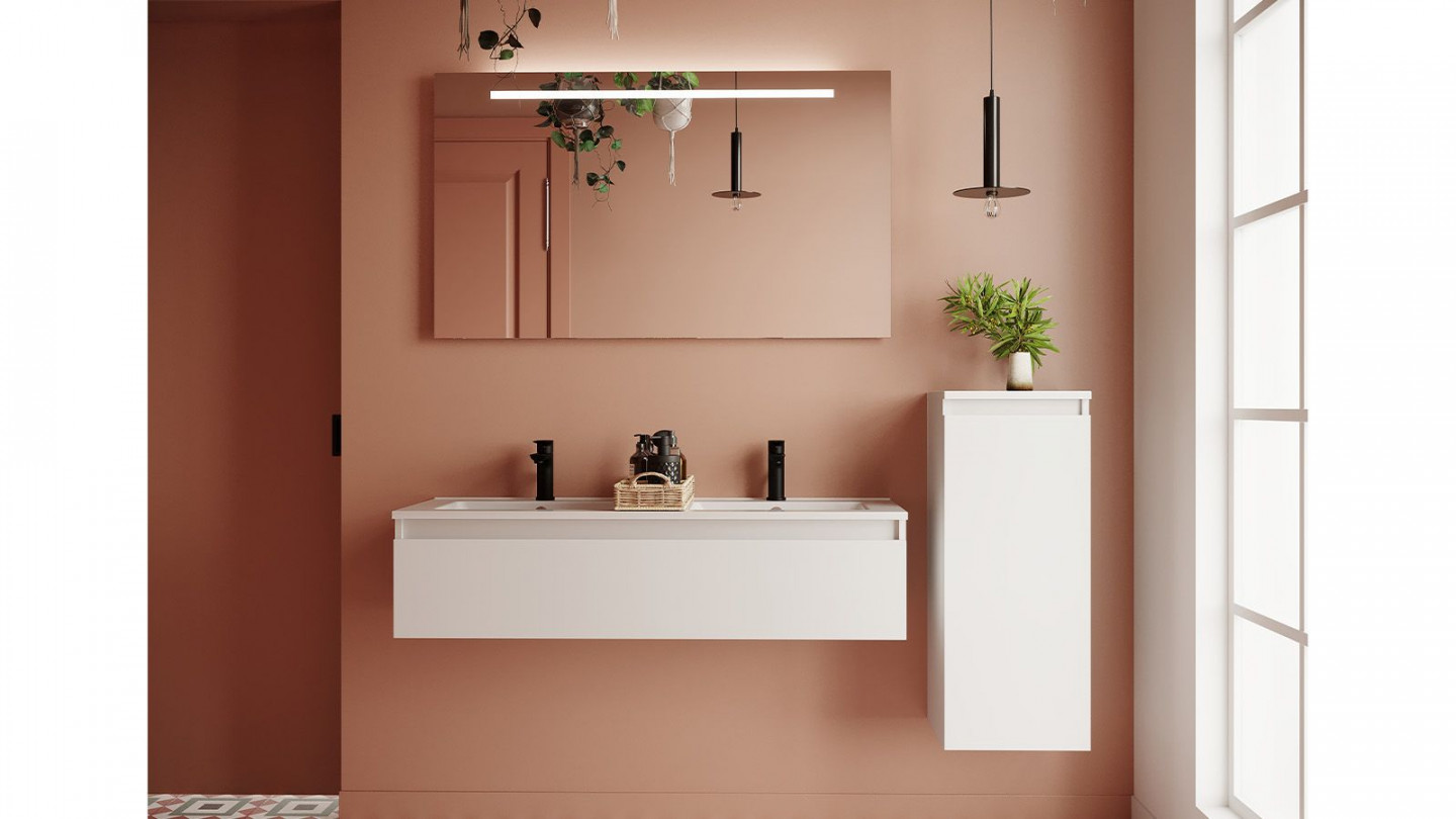 Meuble de salle de bain suspendu double vasque intégrée 120cm 1 tiroir Blanc + miroir + colonne ouverture droite - Rivage