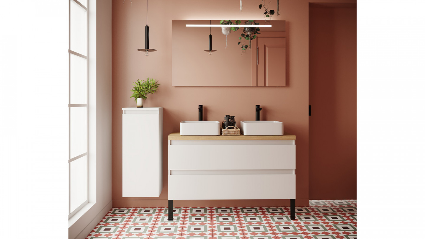 Meuble de salle de bain suspendu 2 vasques à poser 120cm 2 tiroirs Blanc - Rivage