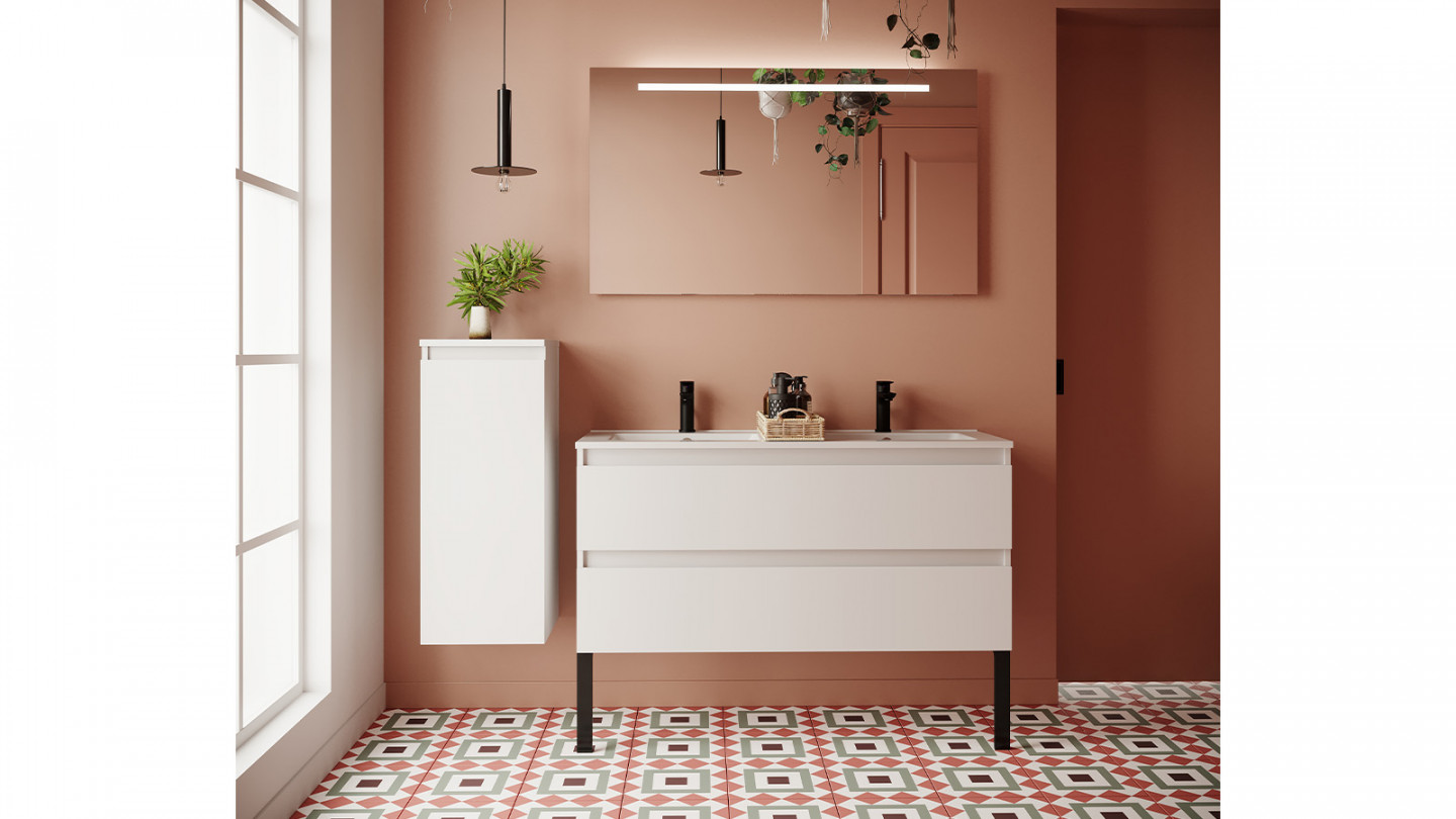 Meuble de salle de bain suspendu double vasque intégrée 120cm 2 tiroirs Blanc + miroir - Rivage