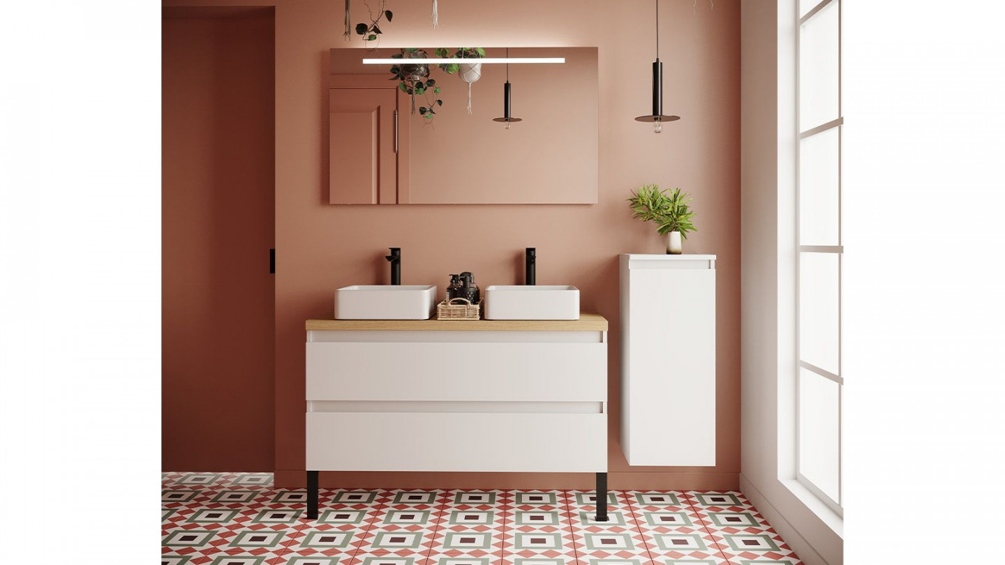 Meuble de salle de bain suspendu 2 vasques à poser 120cm 2 tiroirs Blanc + miroir + colonne ouverture droite - Rivage