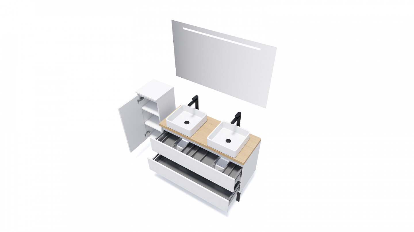 Meuble de salle de bain suspendu 2 vasques à poser 120cm 2 tiroirs Blanc + miroir + colonne ouverture gauche - Rivage