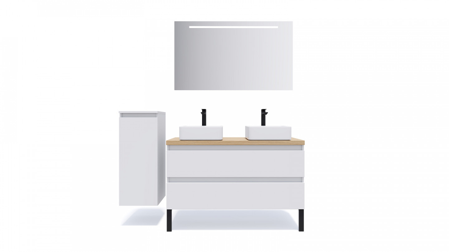 Meuble de salle de bain suspendu 2 vasques à poser 120cm 2 tiroirs Blanc + miroir + colonne ouverture gauche - Rivage