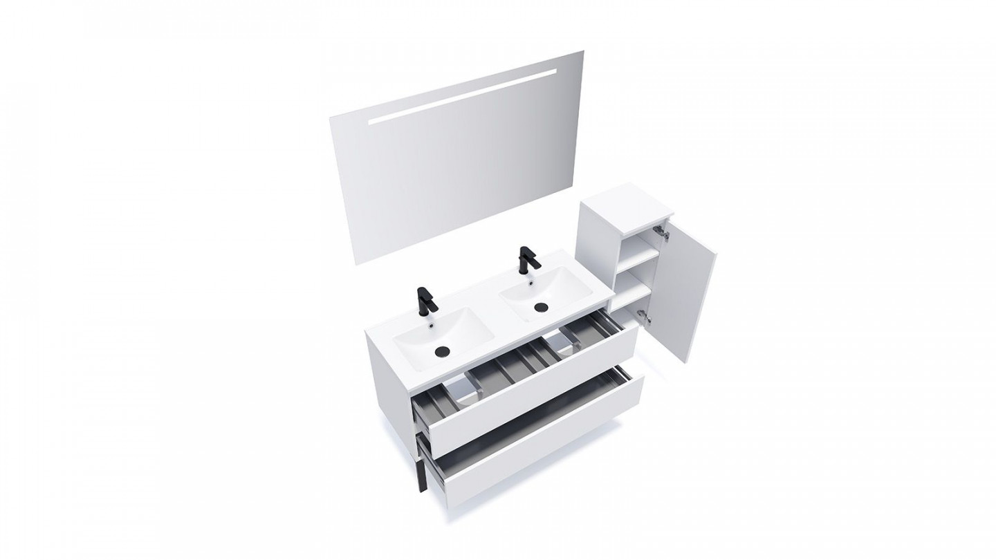 Meuble de salle de bain suspendu double vasque intégrée 120cm 2 tiroirs Blanc + miroir + colonne ouverture droite - Rivage