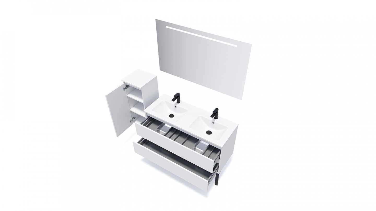 Meuble de salle de bain suspendu double vasque intégrée 120cm 2 tiroirs Blanc + miroir + colonne ouverture gauche - Rivage
