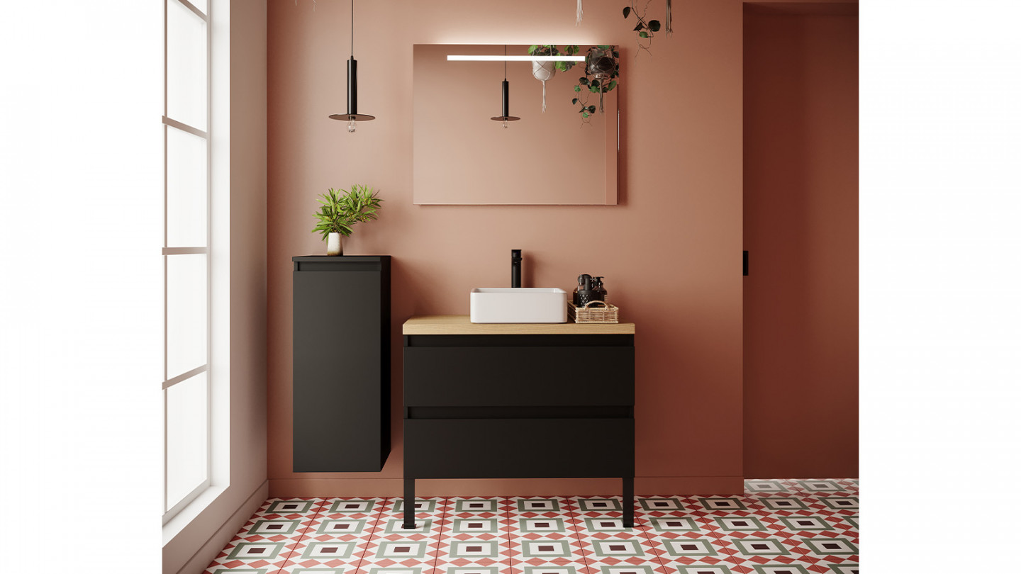 Meuble de salle de bain suspendu vasque à poser 90cm 2 tiroirs Noir + miroir - Rivage