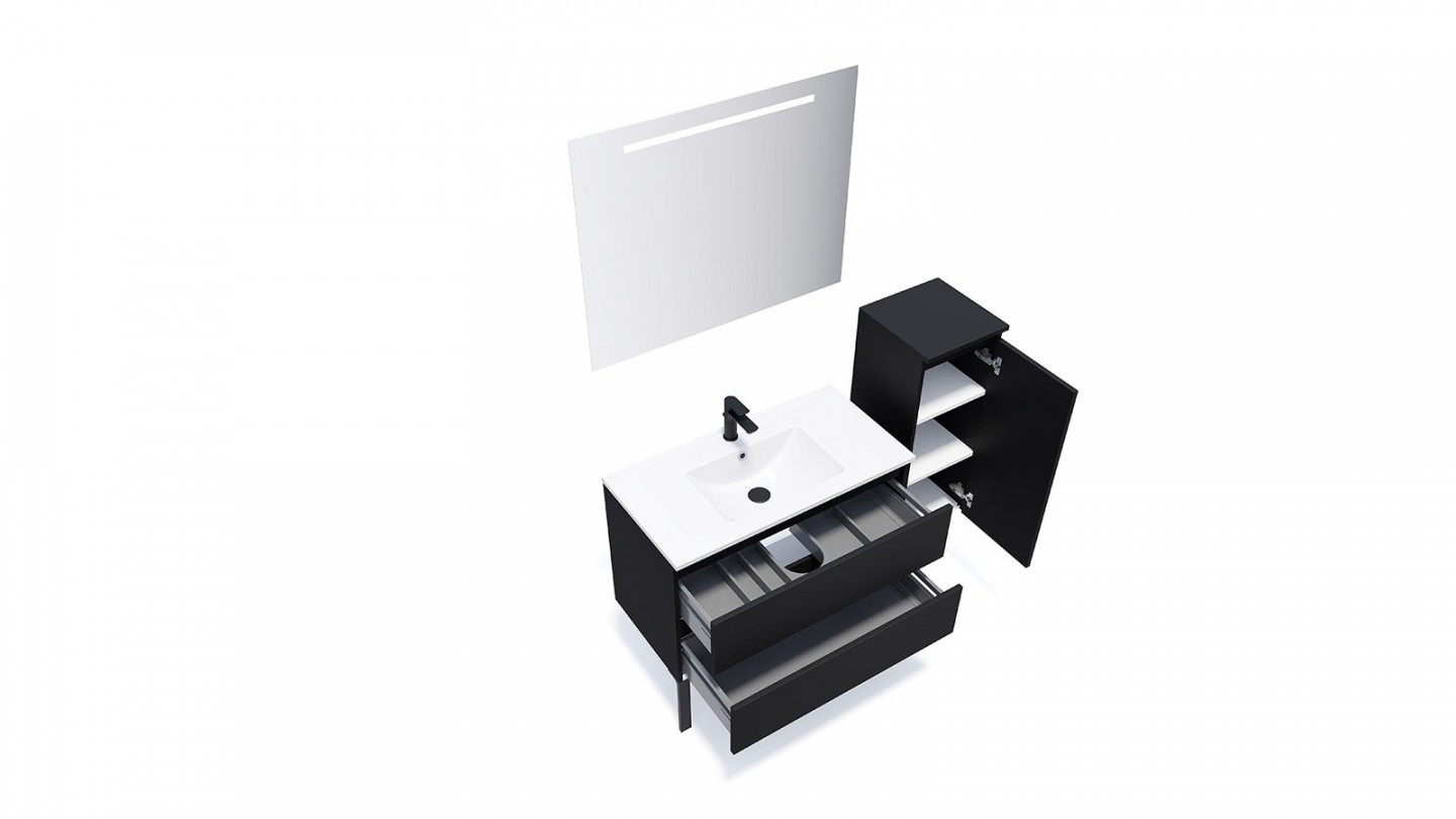 Meuble de salle de bain suspendu vasque intégrée 90cm 2 tiroirs Noir + miroir + colonne ouverture droite - Rivage