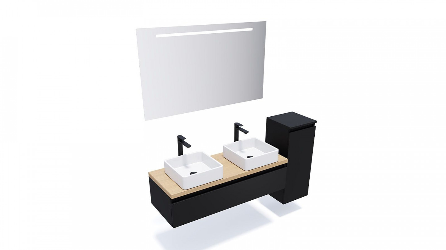 Meuble de salle de bain suspendu 2 vasques à poser 120cm 1 tiroir Noir + miroir + colonne ouverture droite - Rivage