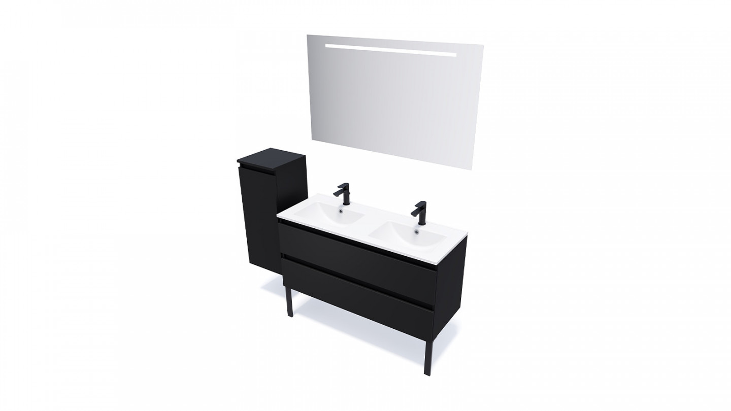 Meuble de salle de bain suspendu double vasque intégrée 120cm 2 tiroirs Noir + miroir - Rivage