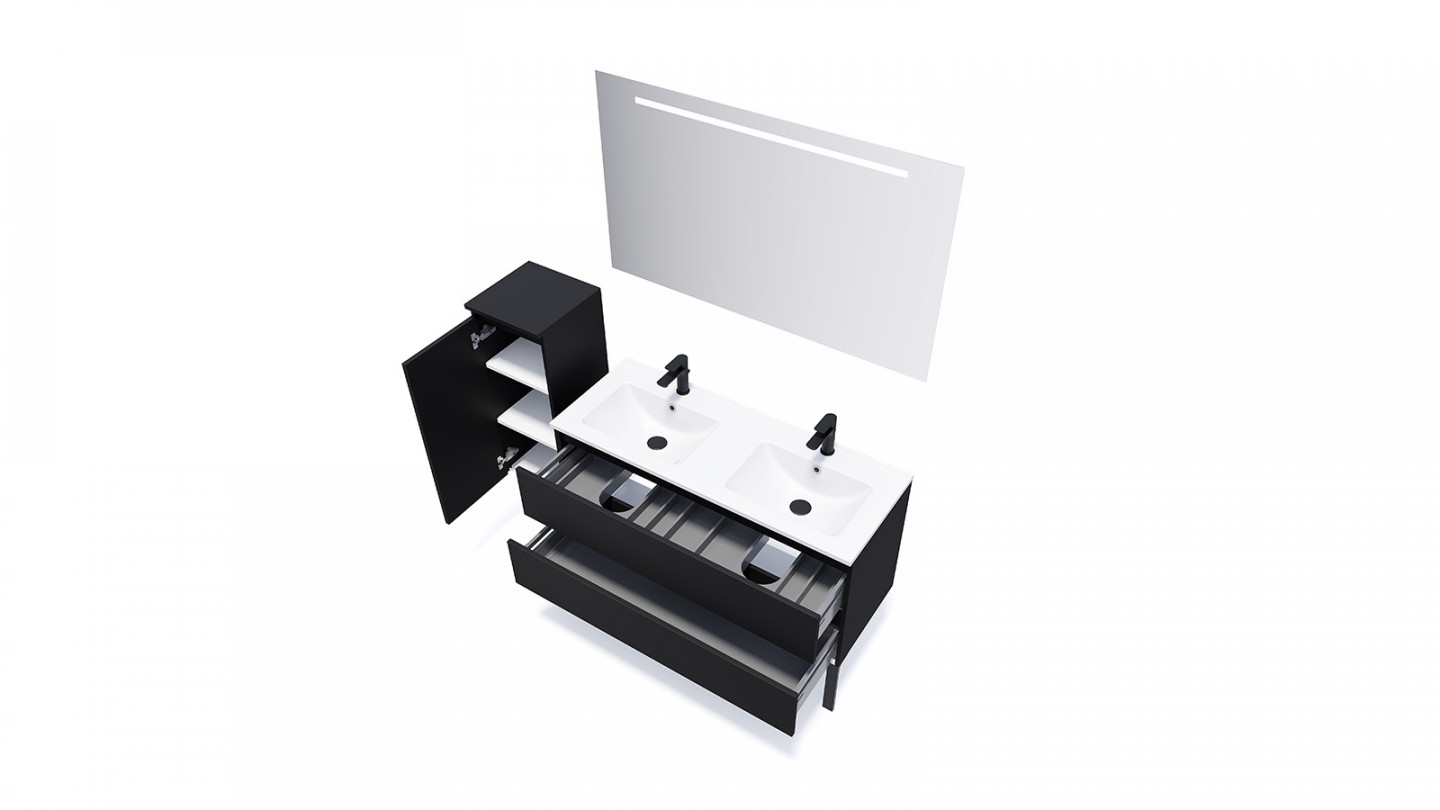 Meuble de salle de bain suspendu double vasque intégrée 120cm 2 tiroirs Noir + miroir + colonne ouverture gauche - Rivage