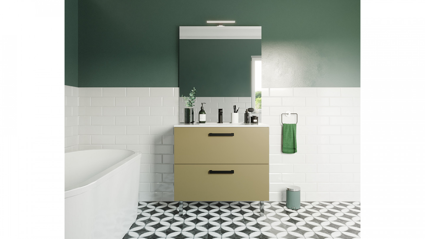 Meuble de salle de bain suspendu avec pieds vasque intégrée 90cm 2 tiroirs Vert olive + miroir - Chango