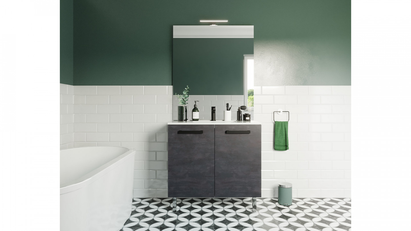 Meuble de salle de bain suspendu avec pieds vasque intégrée 90cm 2 portes Ardoise métallisée - Chango