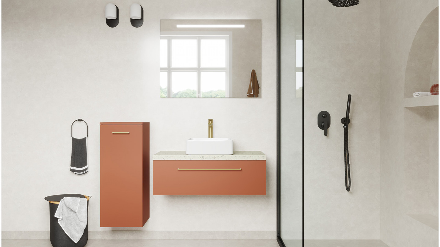 Meuble de salle de bain suspendu vasque à poser 90cm 1 tiroir Terracotta + miroir - Osmose