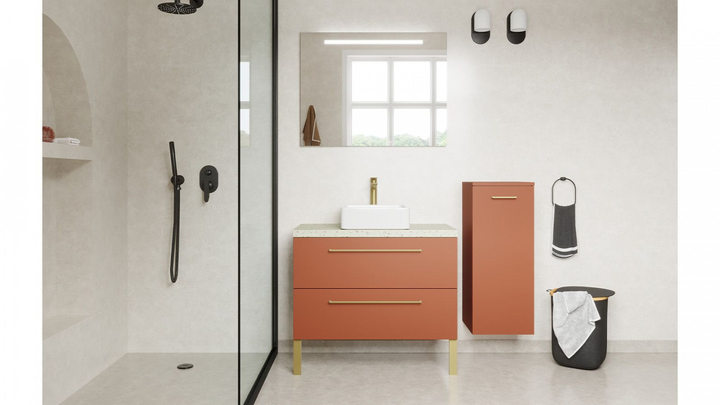 Meuble de salle de bain suspendu vasque à poser 90cm 2 tiroirs Terracotta + miroir + colonne ouverture droite - Osmose