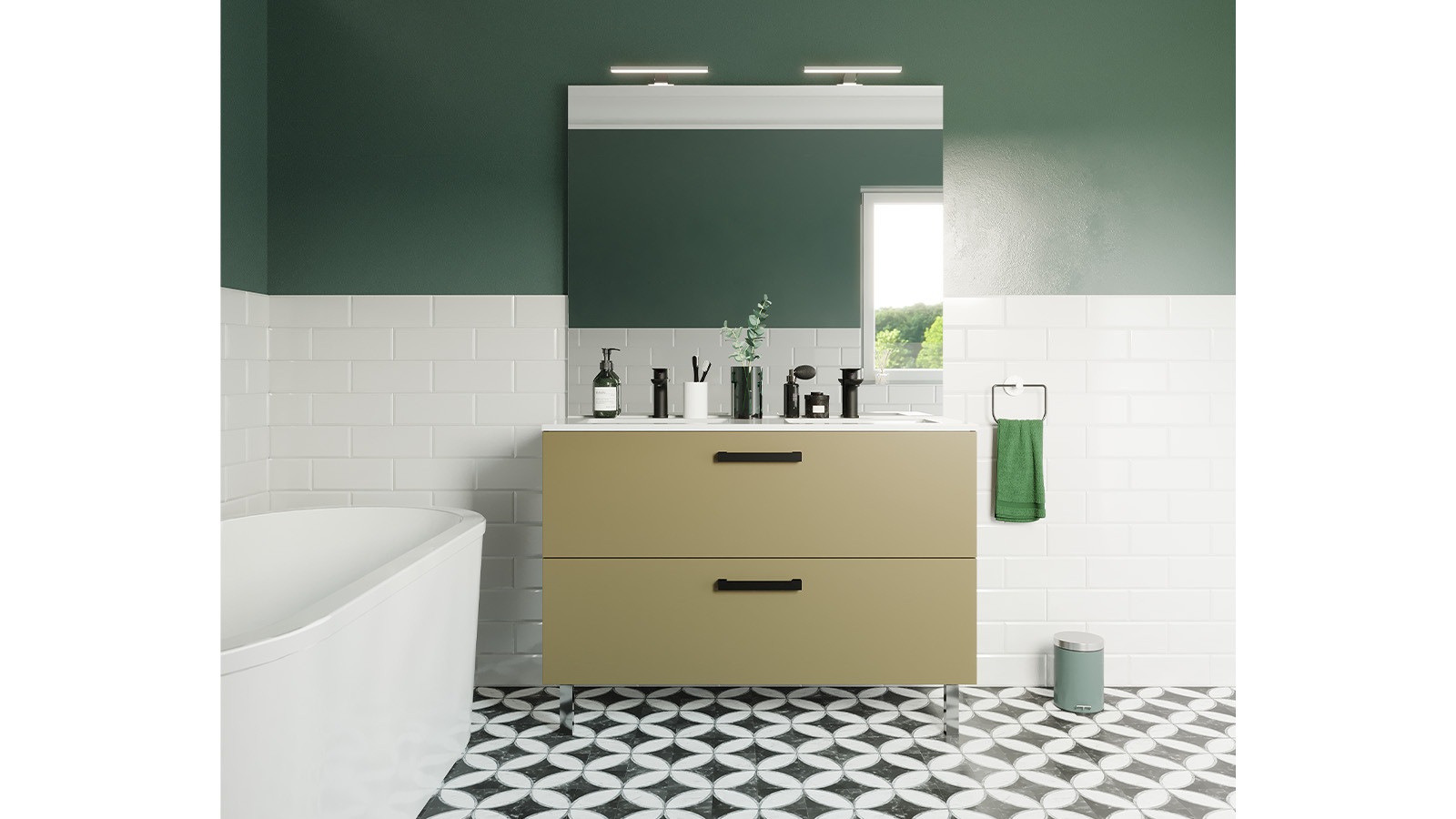 Meuble de salle de bain suspendu avec pieds double vasque intégrée 120cm 2 tiroirs Vert olive + miroir - Chango