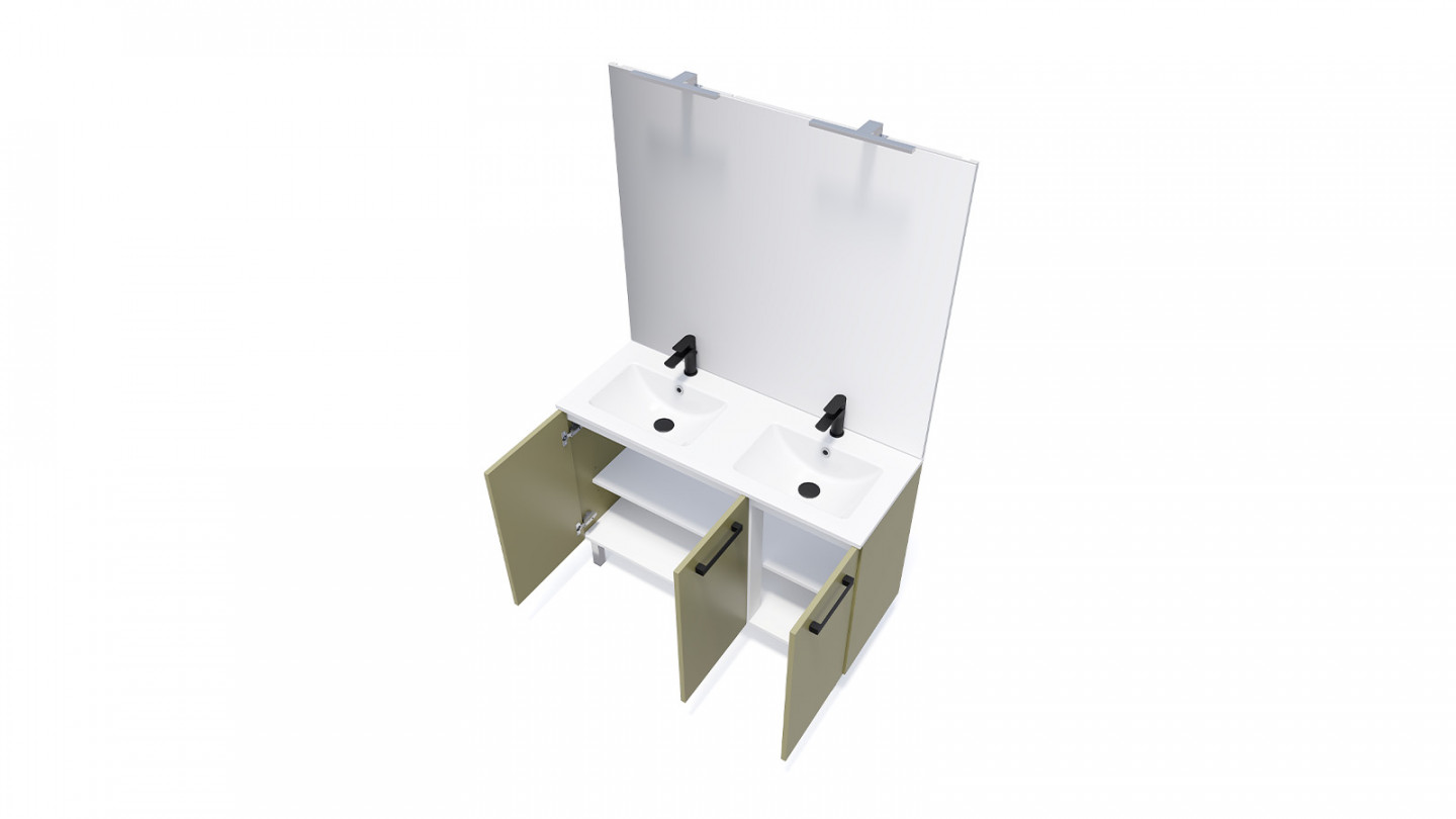 Meuble de salle de bain suspendu avec pieds double vasque intégrée 120cm 3 portes Vert olive + miroir - Chango