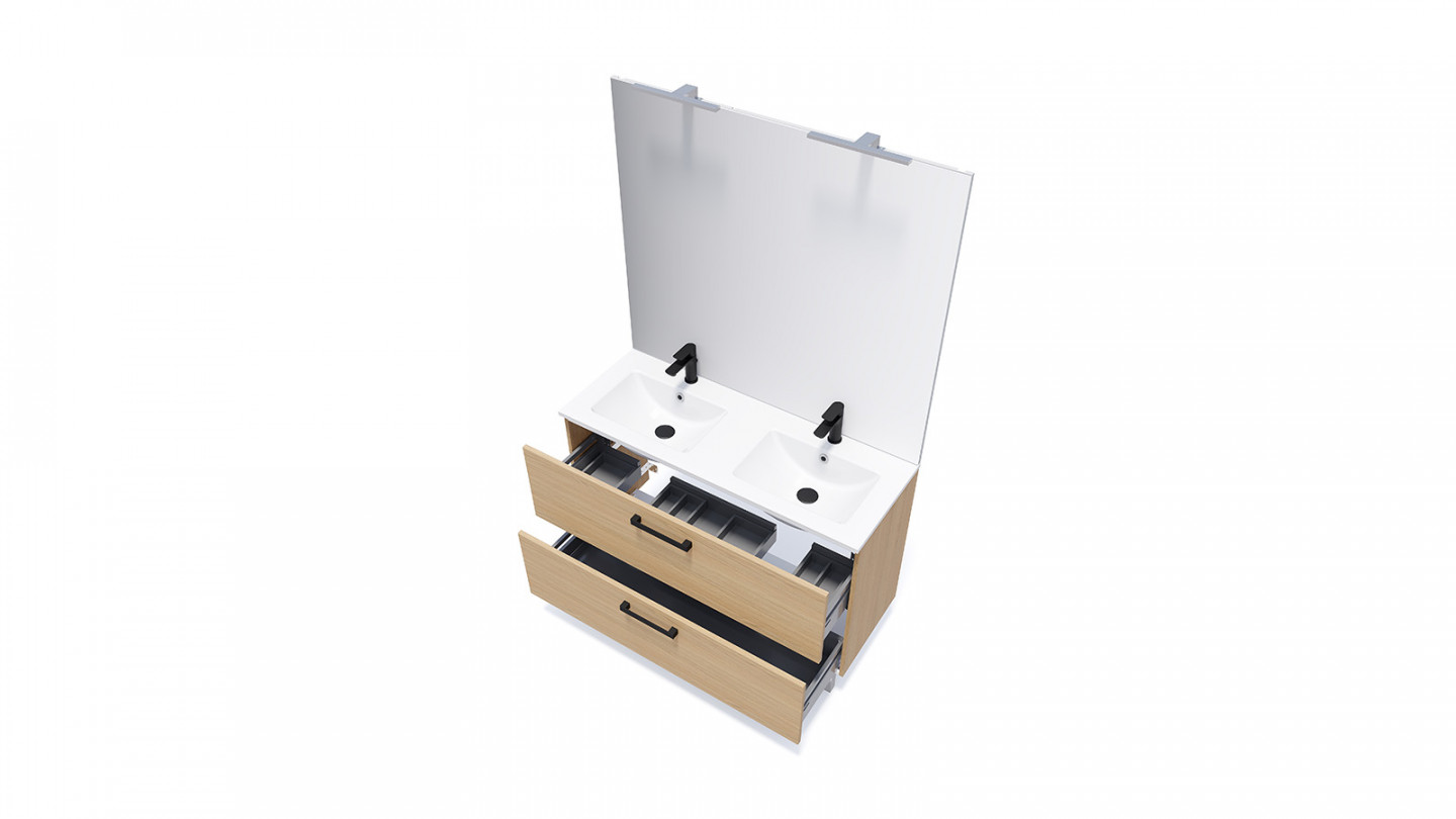 Meuble de salle de bain suspendu avec pieds double vasque intégrée 120cm 2 tiroirs Chêne clair - Chango