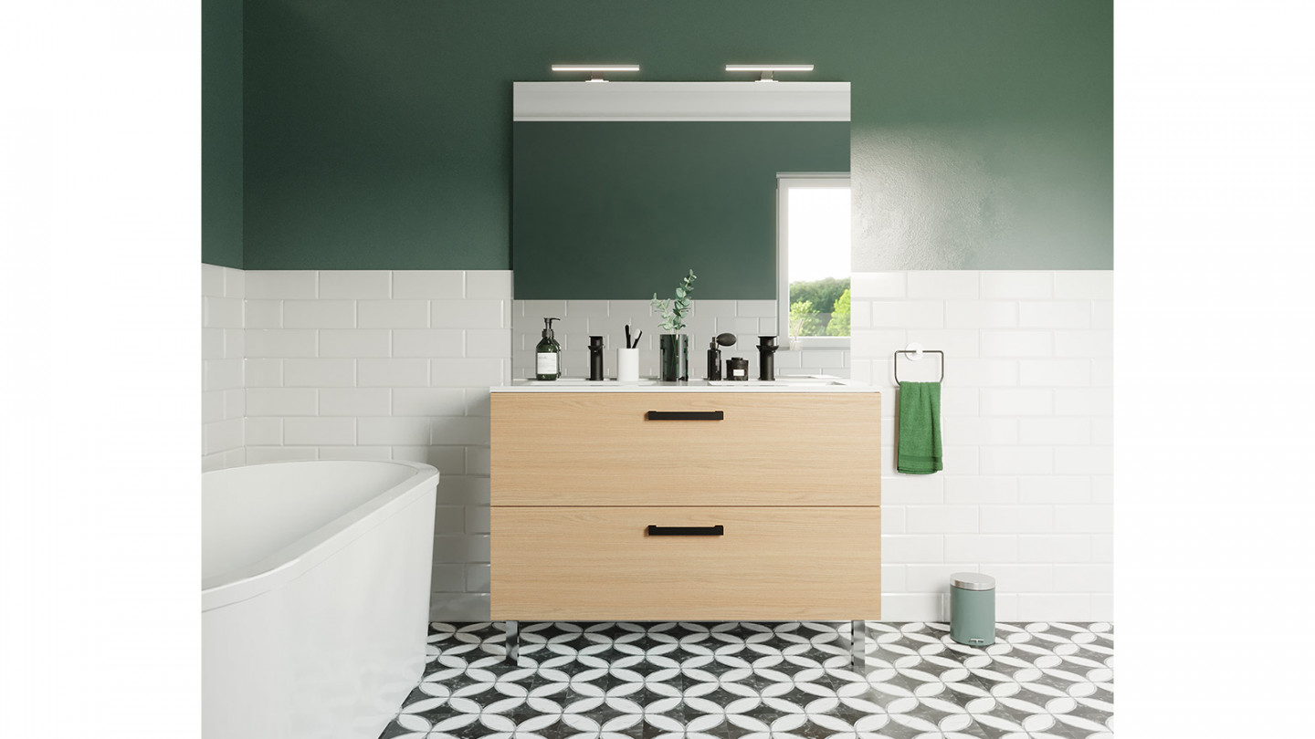 Meuble de salle de bain suspendu avec pieds double vasque intégrée 120cm 2 tiroirs Chêne clair - Chango