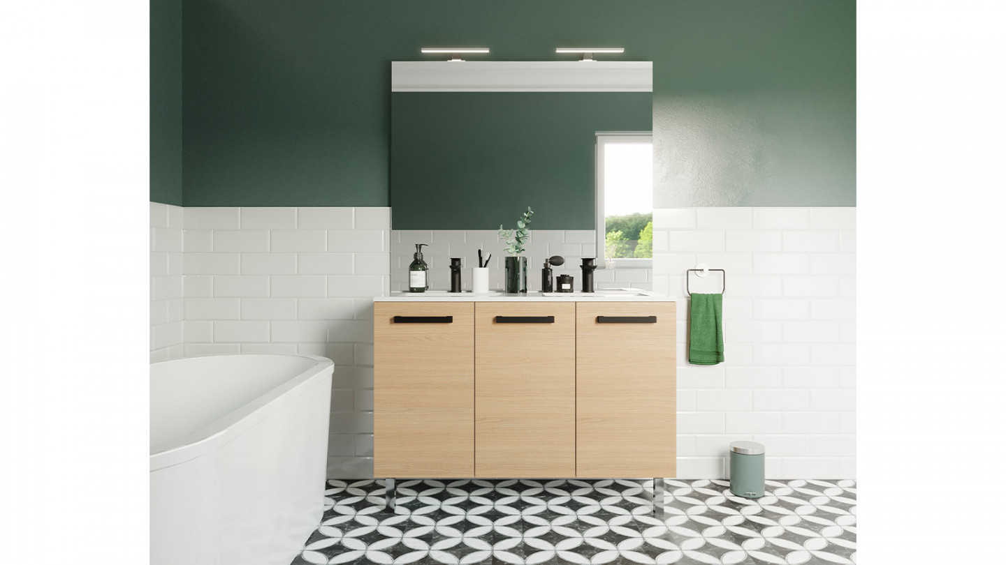 Meuble de salle de bain suspendu avec pieds double vasque intégrée 120cm 3 portes Chêne clair + miroir - Chango