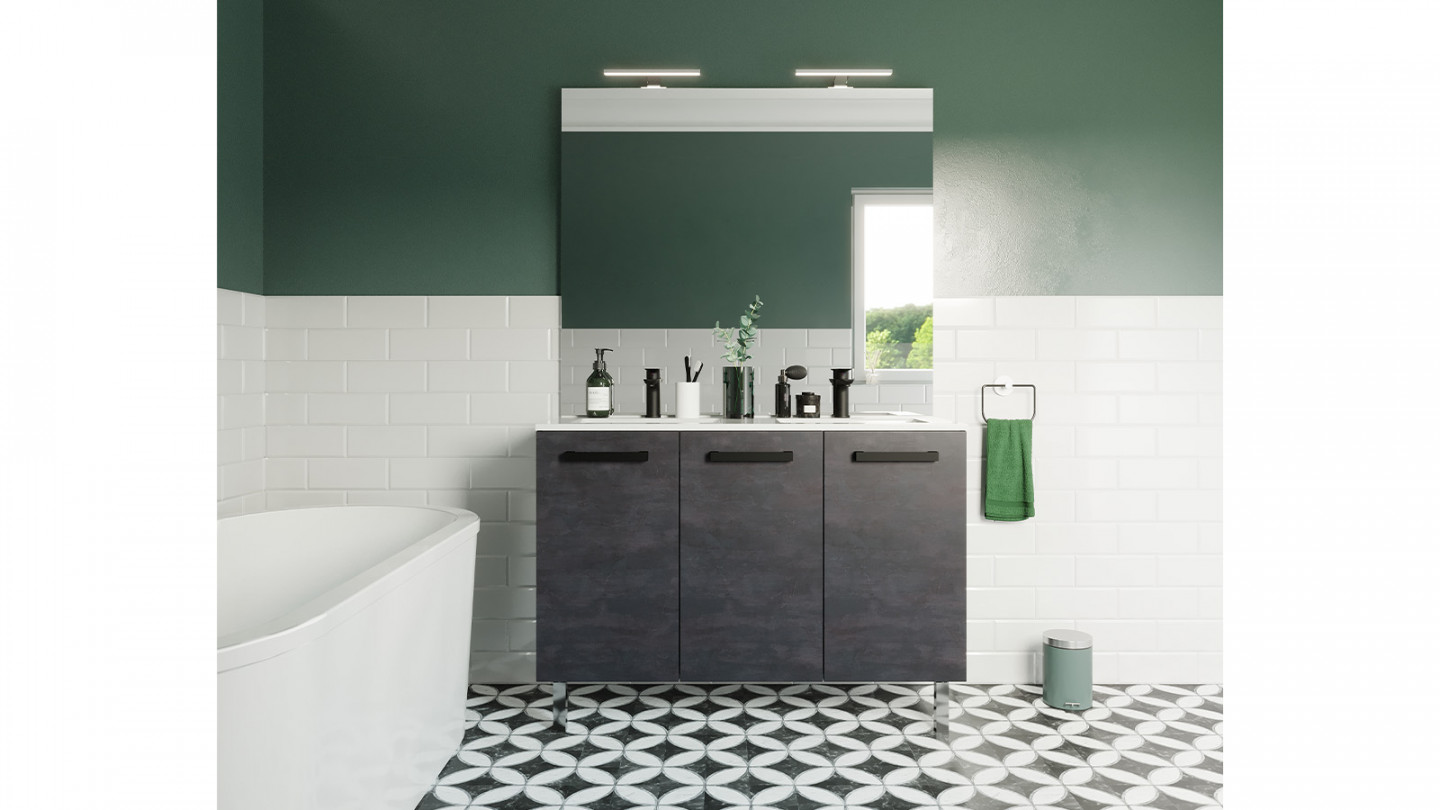 Meuble de salle de bain suspendu avec pieds double vasque intégrée 120cm 3 portes Ardoise métallisée - Chango