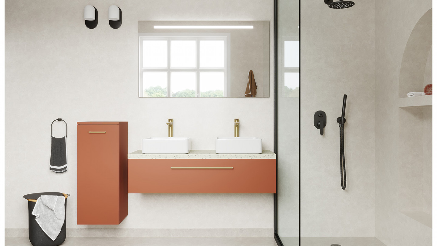 Meuble de salle de bain suspendu 2 vasques à poser 120cm 1 tiroir Terracotta + miroir - Osmose