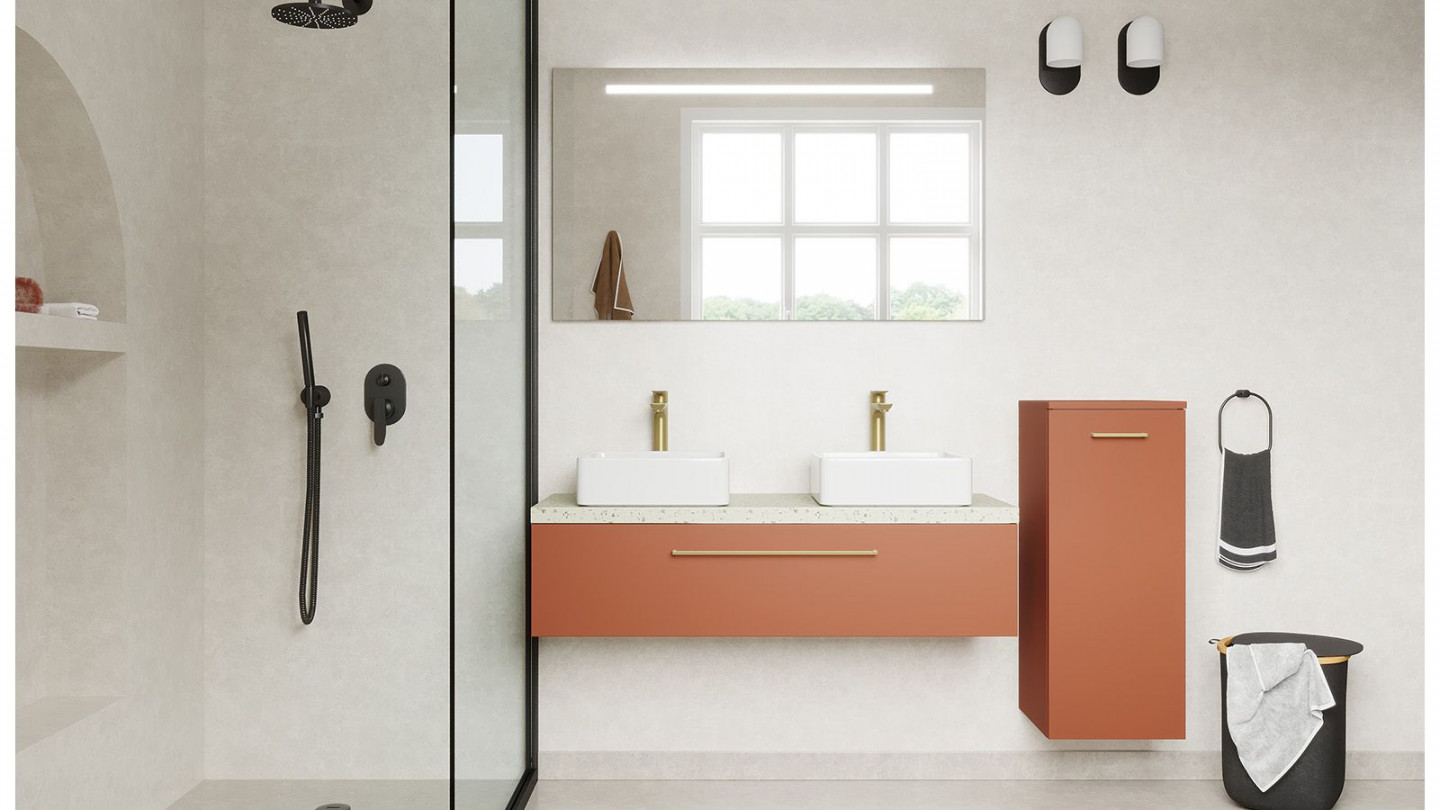 Meuble de salle de bain suspendu 2 vasques à poser 120cm 1 tiroir Terracotta + miroir + colonne ouverture droite - Osmose