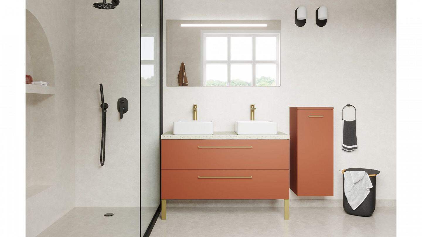 Meuble de salle de bain suspendu 2 vasques à poser 120cm 2 tiroirs Terracotta + miroir + colonne ouverture droite - Osmose