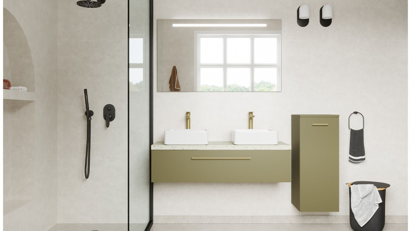 Meuble de salle de bain suspendu 2 vasques à poser 120cm 1 tiroir Vert olive + miroir + colonne ouverture droite - Osmose