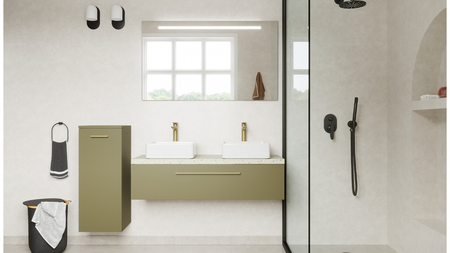 Meuble de salle de bain suspendu 2 vasques à poser 120cm 1 tiroir Vert olive + miroir + colonne ouverture gauche - Osmose